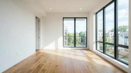 Fototapeta premium Modern Empty Room with Large Windows and Hardwood Floors.