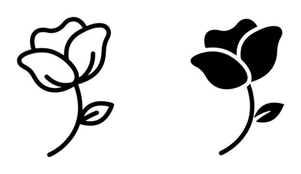 Elegant Rose Icon Set, Simple Floral Vector Graphics, Outline and Silhouette Flower Illustrations for Design Projects