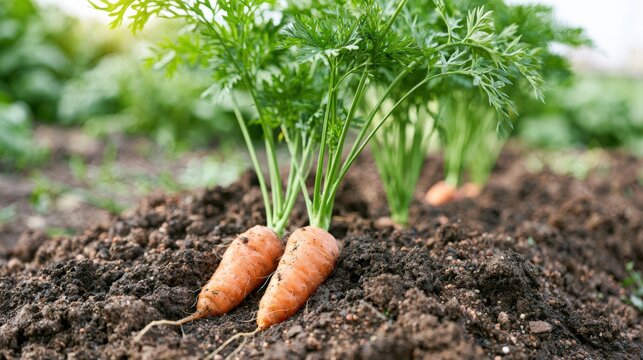 Healthy mature carrots growing in dark soil with lush green foliage in organized garden rows