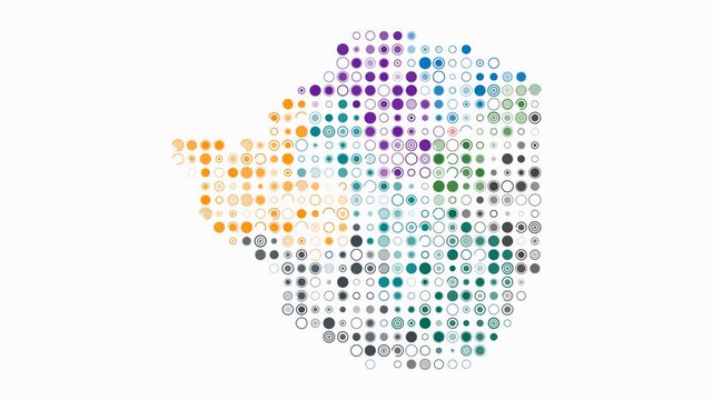 Zimbabwe animated country shape. Pulsating colored dots on the map of the country. Large size circle blocks. Digital style Zimbabwe map on white background. Awesome animation video.