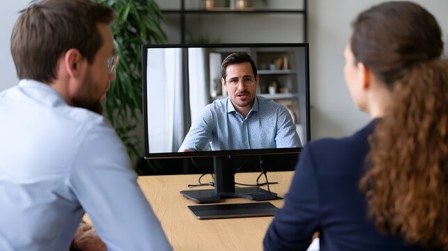 Two people seated at a desk facing a monitor showing another person during what appears to be a video conference or interview