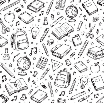 Hand drawn school supplies seamless pattern, black and white education doodle background, back to school stationery vector illustration