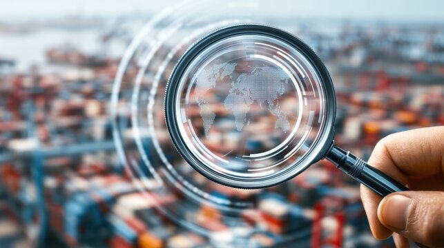Close up of hand holding magnifying glass focusing on global map overlay with blurred shipping container yard background representing international trade and business