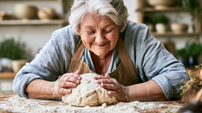 Elderly woman with gray hair kneading bread dough on flour-dusted wooden countertop in kitchen