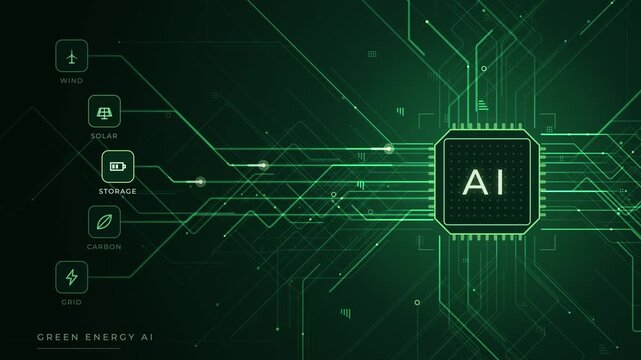 AI processor animation with glowing teal and gold data streams, showcasing finance and business applications