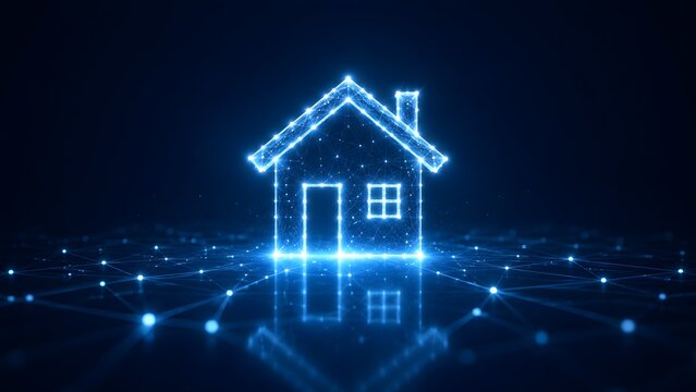 Futuristic digital real estate concept with glowing wireframe house model on network background representing proptech and smart home