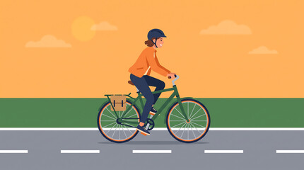 Obraz premium Silhouette of Young Girl Riding Bicycle on Mountain Road Under Summer Sky Vector Illustration