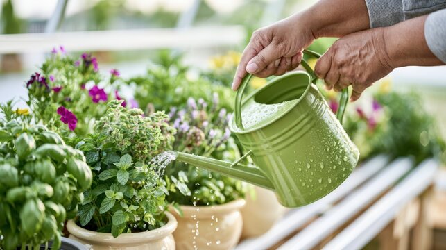 Close-up of hands watering vibrant herbs and flowers in ceramic pots with a green watering can