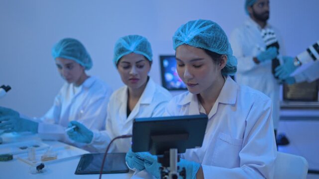 Asian woman using tablet screen at bench while colleagues work with microscope behind, male researcher in background, night lab teamwork.