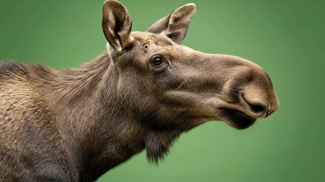 A close portrait of a young moose captured against a soft green background