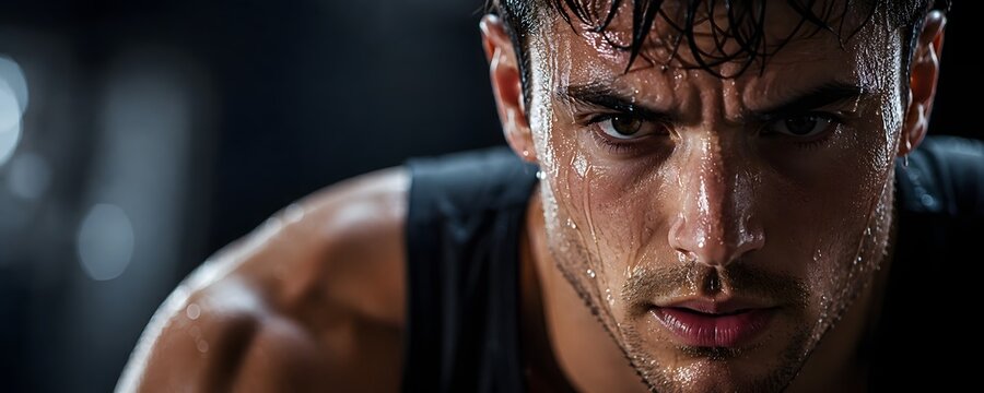 Close-up Photo of Athlete with Sweat Dripping Down Face Shows Intensity of Workout stock image