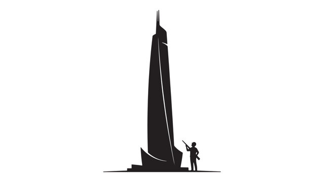 Silhouette of skyscraper and worker measuring structural height on isolated black background
