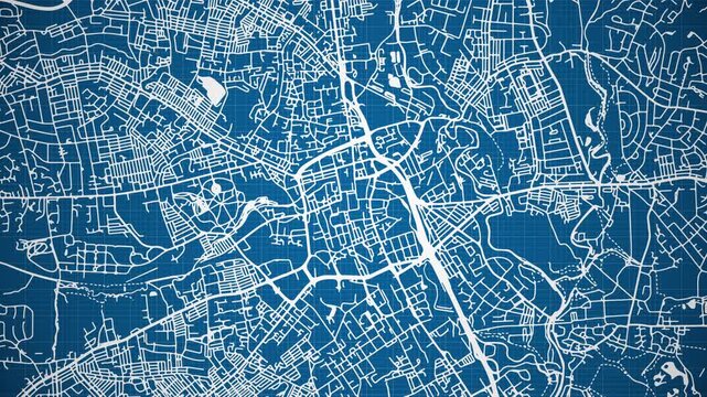 Ink reveal animation of Bolton city, Greater Manchester, England, United Kingdom, grid map. Aerial top view. Blueprint style. White lines with blue background. 4K Seamless loop.