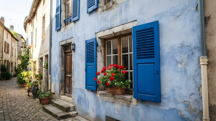 Fototapeta premium Charming blue house with wooden shutters and a flower box on a cobblestone street in a historic european village