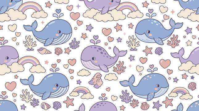 Cute cartoon whales and rainbows seamless pattern