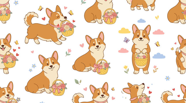Cute Corgi Dog Pattern, Spring Theme