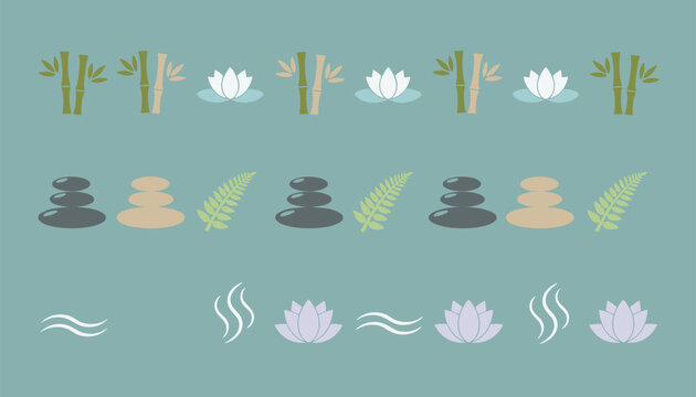 Set of vector spa wellness elements including bamboo, lotus flowers, hot stones, fern leaves, and steam waves on a teal background.