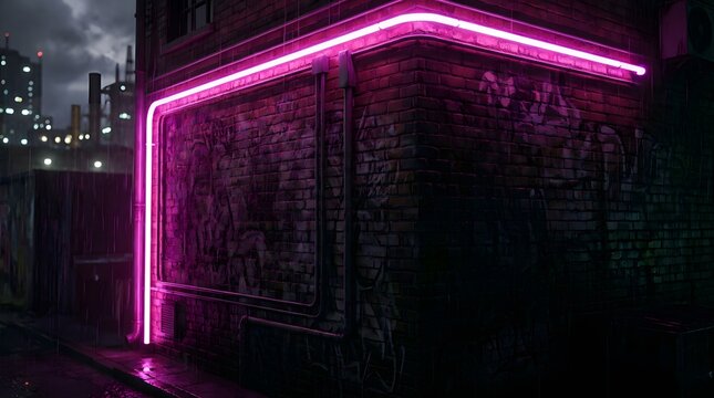 Neon pink light strip illuminating a dark urban brick wall at night