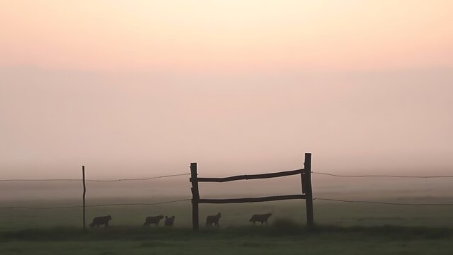 Misty rural landscape at dawn with a rustic fence and serene atmosphere.