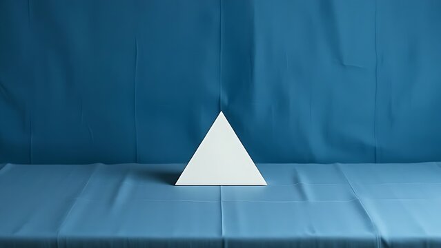 Single white equilateral triangle object on deep blue linen, calm still life for editorial concept