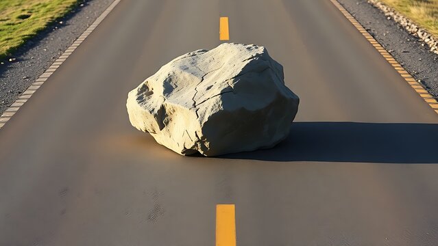 Large angular boulder resting on a smooth paved road in morning light.