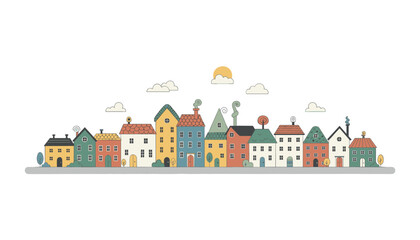 Fototapeta premium Row of cute colorful houses in different heights and architectural designs standing side by side under a bright sun.