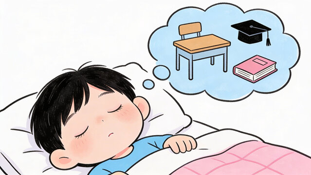 Young boy sleeping peacefully while dreaming of school, books, and graduation cap