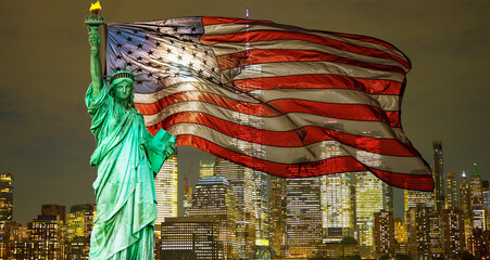 Liberty statue with American flag. Liberty statue in New York. Iconic liberty statue background. Patriotic liberty statue banner. © Volodymyr