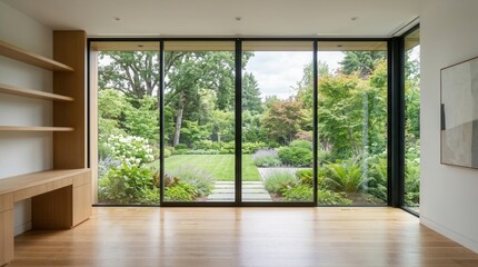 Fototapeta premium Modern Living Room with Floor-to-Ceiling Windows Overlooking Lush Garden.