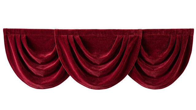 Swag red velvet curtain valance with decorative folds for theater window treatment isolated on transparent background luxury textile element for interior design set