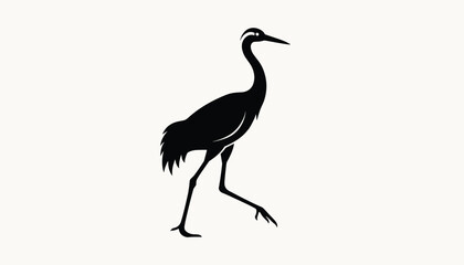 Obraz premium High contrast black silhouette of a graceful crane bird walking calmly against a warm light beige background.