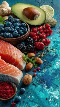 Many different types of fish and berries on the table healthy lifestyle nutrition food background