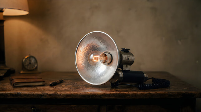 Vintage photography flash unit with a glowing bulb sitting on a rustic wooden desk