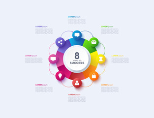 Obraz premium Vector infographic label design with circle infographic template design with 8 options or steps. Vector business template for process diagrams, presentations and workflows