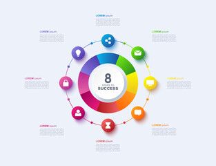 Obraz premium Circle infographic template design with 8 options or steps. Vector business template for process diagrams, presentations and workflows