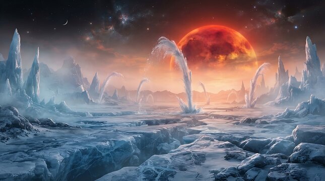 Icy planet frozen geysers ice