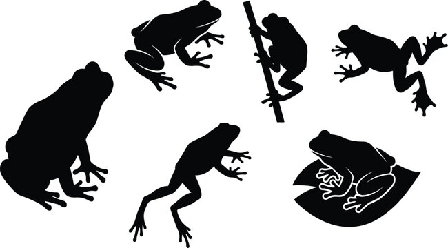 Frog silhouette collection featuring sitting, leaping, climbing, and crouching poses