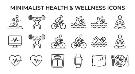 Fototapeta premium Minimalist health and wellness line art icon set for fitness tracker and active lifestyle concepts with wellness