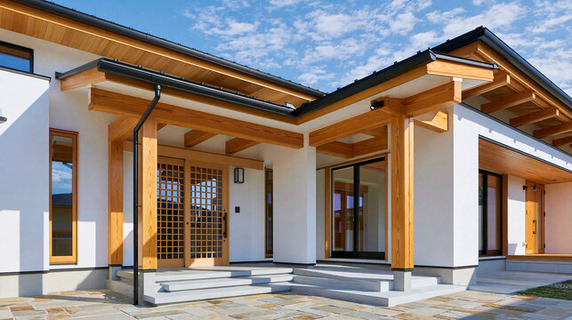 青空の下に天然木の柱や梁と格子戸を美しく見せた伝統的な意匠を取り入れた明るい和風住宅の外観