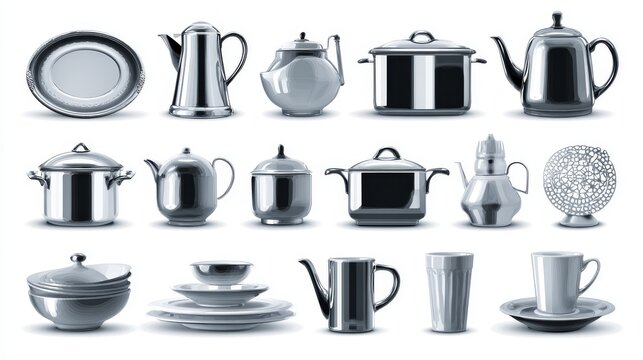 Decorative set of realistic kitchen elements, cookware and tableware illustrated in polished vector style, minimal white background for design use