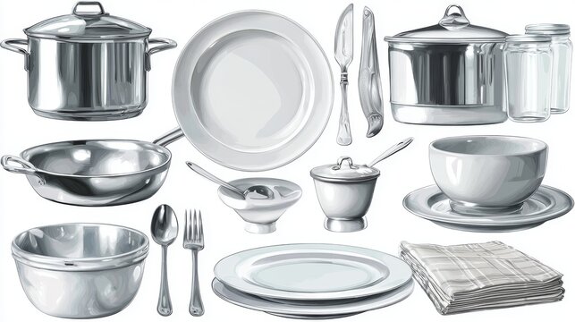 Decorative set of realistic kitchen elements, cookware and tableware illustrated in polished vector style, minimal white background for design use