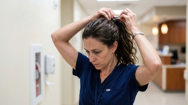 Nurse tying hair back in preparation despite visible exhaustion