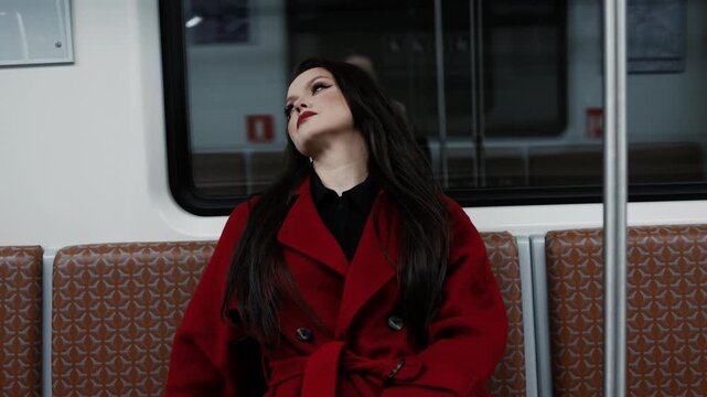 A stylish brunette in a scarlet coat riding a subway car, city rhythm