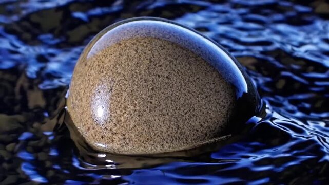 Calm view of smooth round stone sitting in dark blue rippling water surface, gentle waves moving around wet pebble, peaceful outdoor scene with focus on texture and liquid motion in garden pond