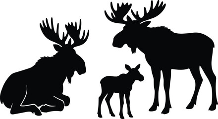 Naklejka premium Moose silhouette family featuring adult moose with antlers and calf in standing and resting poses