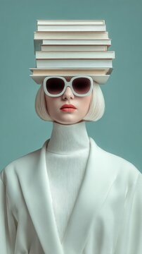 Blond woman with a stack of books on her head portrait