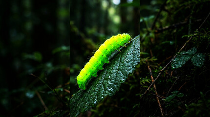 Fototapeta premium Bright green caterpillar resting on a broad forest leaf in a dark tropical habitat, captured with dramatic natural light and shallow focus, ideal for wildlife, ecology, biodiversity, and nature.