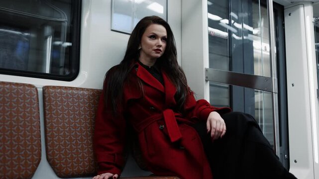 A beautiful brunette in an alizarin red coat riding the metro, urban street fashion
