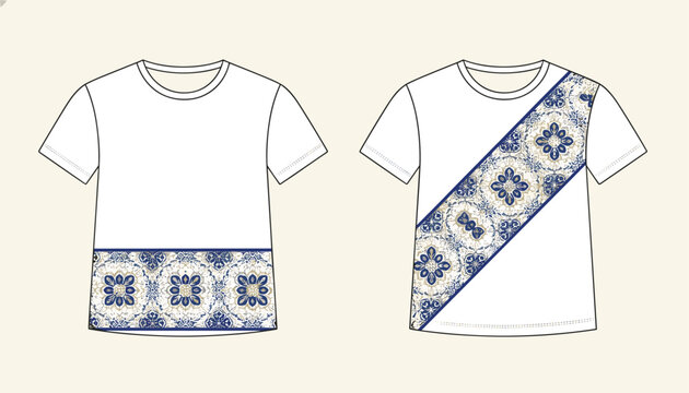 White t-shirt design templates featuring classic blue and gold floral tile patterns at the hem and diagonally.