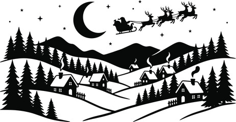 Obraz premium christmas village landscape with santa claus sleigh and reindeer silhouette vector graphic element isolated on white background